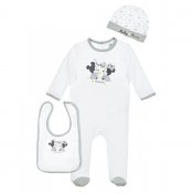 Minni ja Mikki Hiiri pyjamat jaloilla, hattu ja ruokalappu