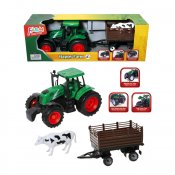 Vihreä traktori perävaunulla ja suloinen lehmä