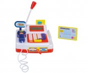 Kassakone minilaskimella, skannerilla, mikrofonilla ja äänellä