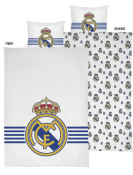 Real Madrid -aiheinen pussilakanasetti. Etupuolella on suuri seuran logo valkoisella taustalla ja siniset raidat. Kääntöpuolella