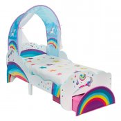 Yksisarvinen sänky sängyteltalla ja säilytystilalla