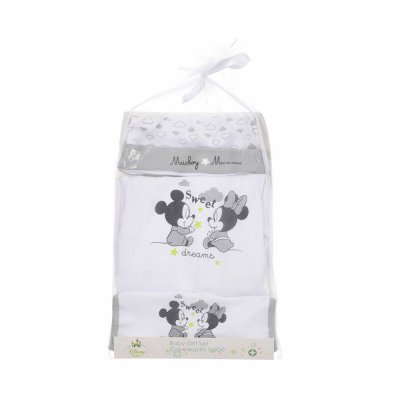 Minni ja Mikki Hiiri pyjamat jaloilla, hattu ja ruokalappu