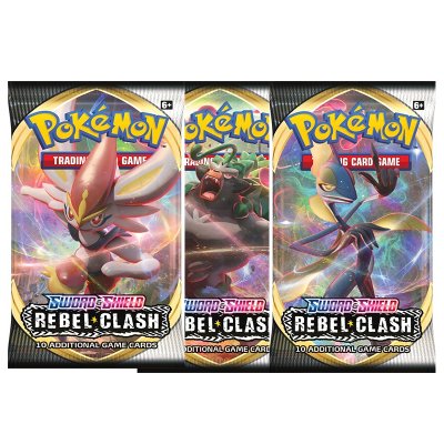 3-pakkaus Pokémon Sword & Shield Rebel Clash Booster -kauppakortti.